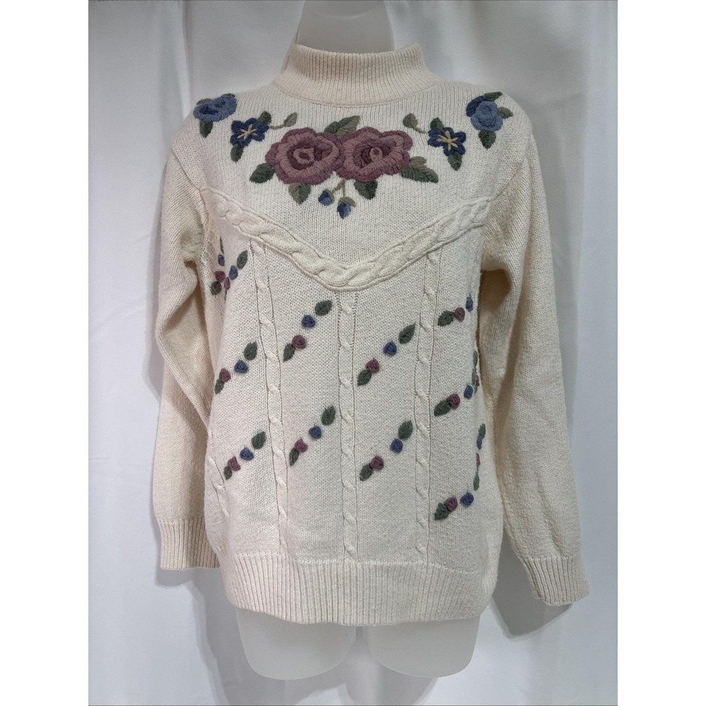 VTG Alfred Dunner Ivory Floral Knit Pullover Grandmacore Sweater Women's S‎